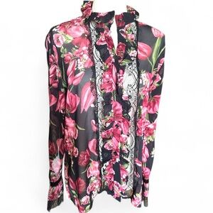 Flavio Castellani Silk Floral Sheer Blouse Black Pink Lace Ruffle.